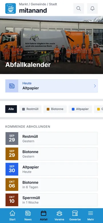 Abfallkalender in der mitanand App